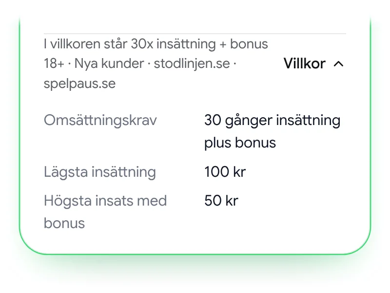 Ett kort med Villkor öppet.