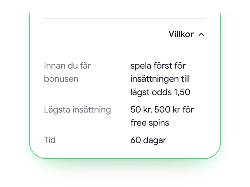 Ett kort med Villkor öppet.