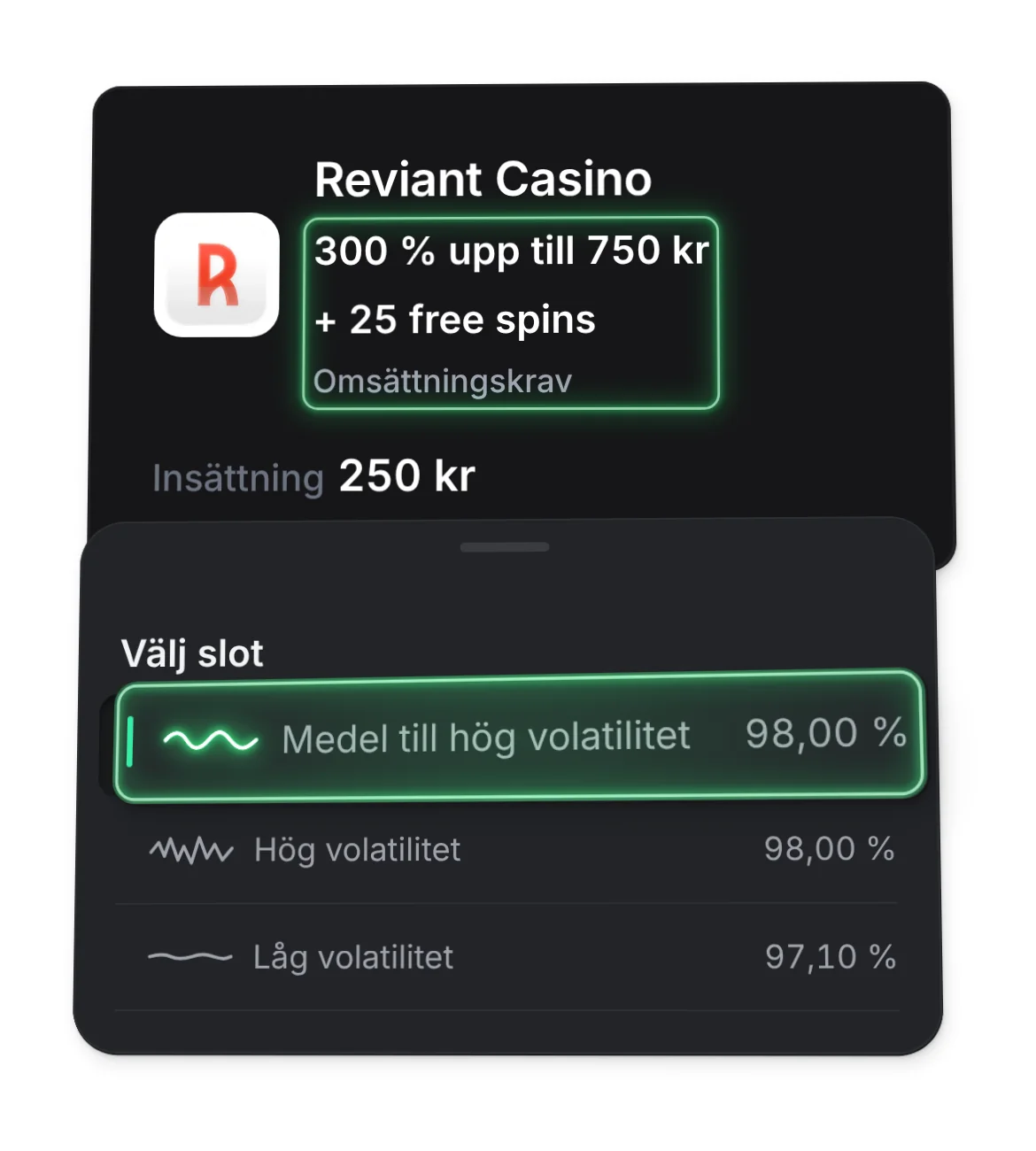 Reviant Casino: 300 % upp till 750 kr + 25 free spins, insättning 250 kr, och kasinoguidens val av slot efter volatilitet: Medel till hög volatilitet med RTP 98,00 %.