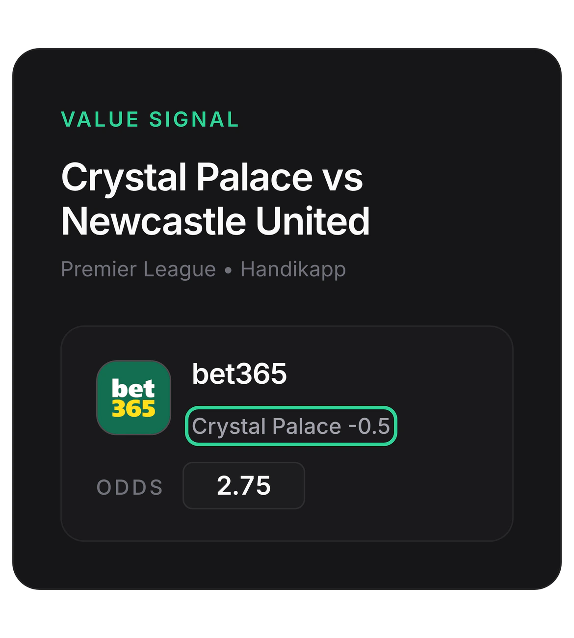 Spelmodalens rubrik för Crystal Palace mot Newcastle United i Premier League, Handikapp, och spelrutan hos bet365 med en grön ram kring linjen Crystal Palace −0,5 och oddset 2,75.