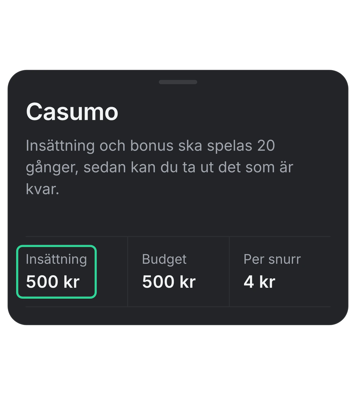 Casinoguiden för Casumo i appen, där insättning och bonus ska spelas 20 gånger, med budget 500 kr och 4 kr per snurr, och en grön ram kring Insättning 500 kr.