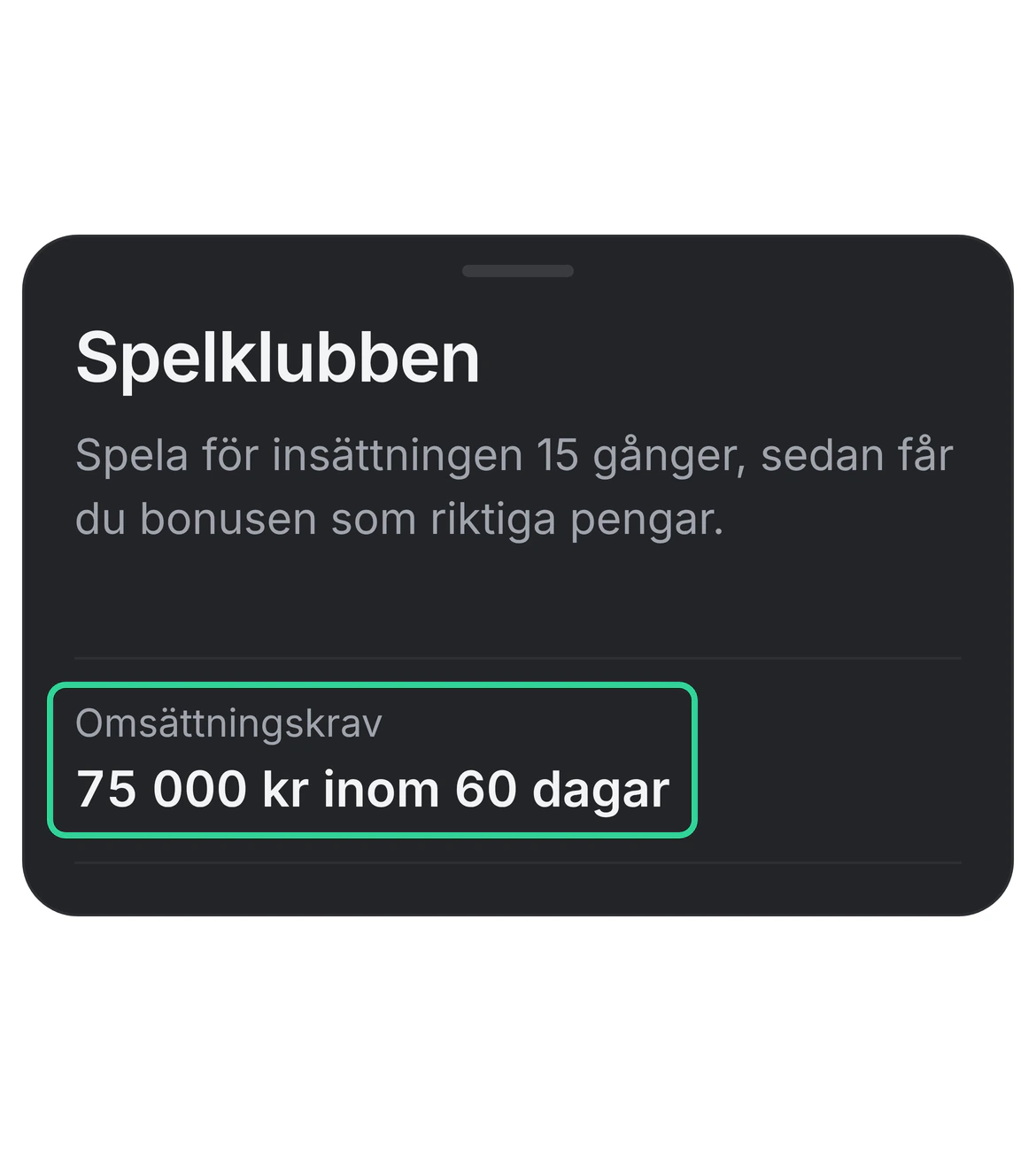 Casinoguiden för Spelklubben i appen, där insättningen ska spelas 15 gånger, och en grön ram kring Omsättningskrav 75 000 kr inom 60 dagar.