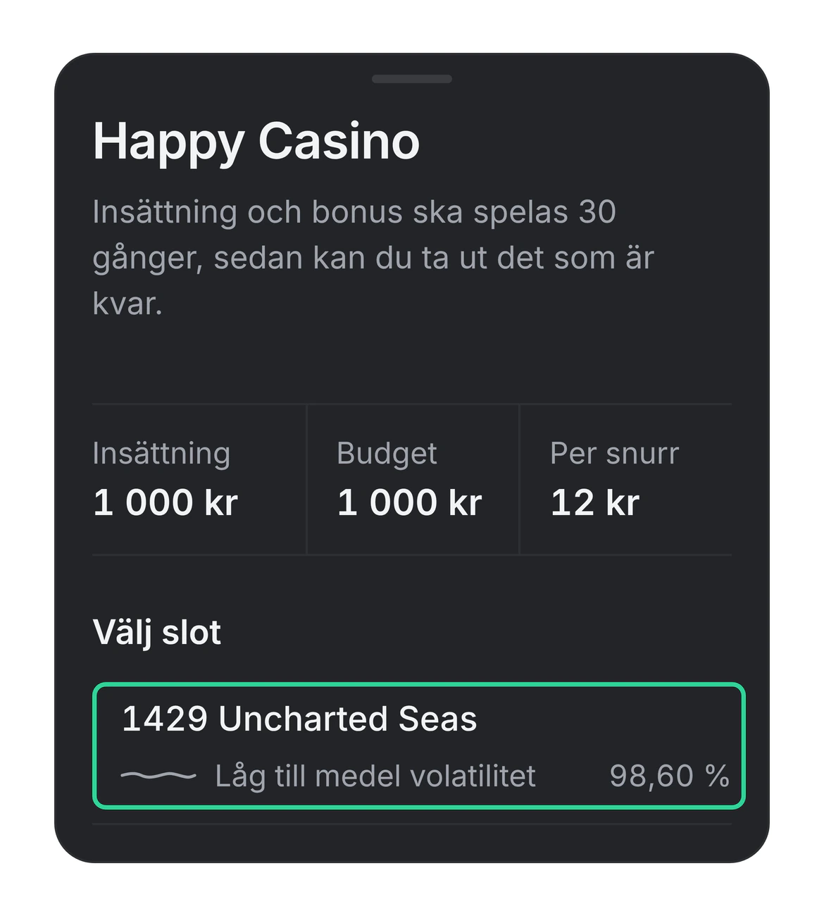 Casinoguiden för Happy Casino i appen, där insättning och bonus ska spelas 30 gånger, med insättning 1 000 kr, budget 1 000 kr och 12 kr per snurr, och en grön ram kring den valda sloten 1429 Uncharted Seas med låg till medel volatilitet och RTP 98,60 %.
