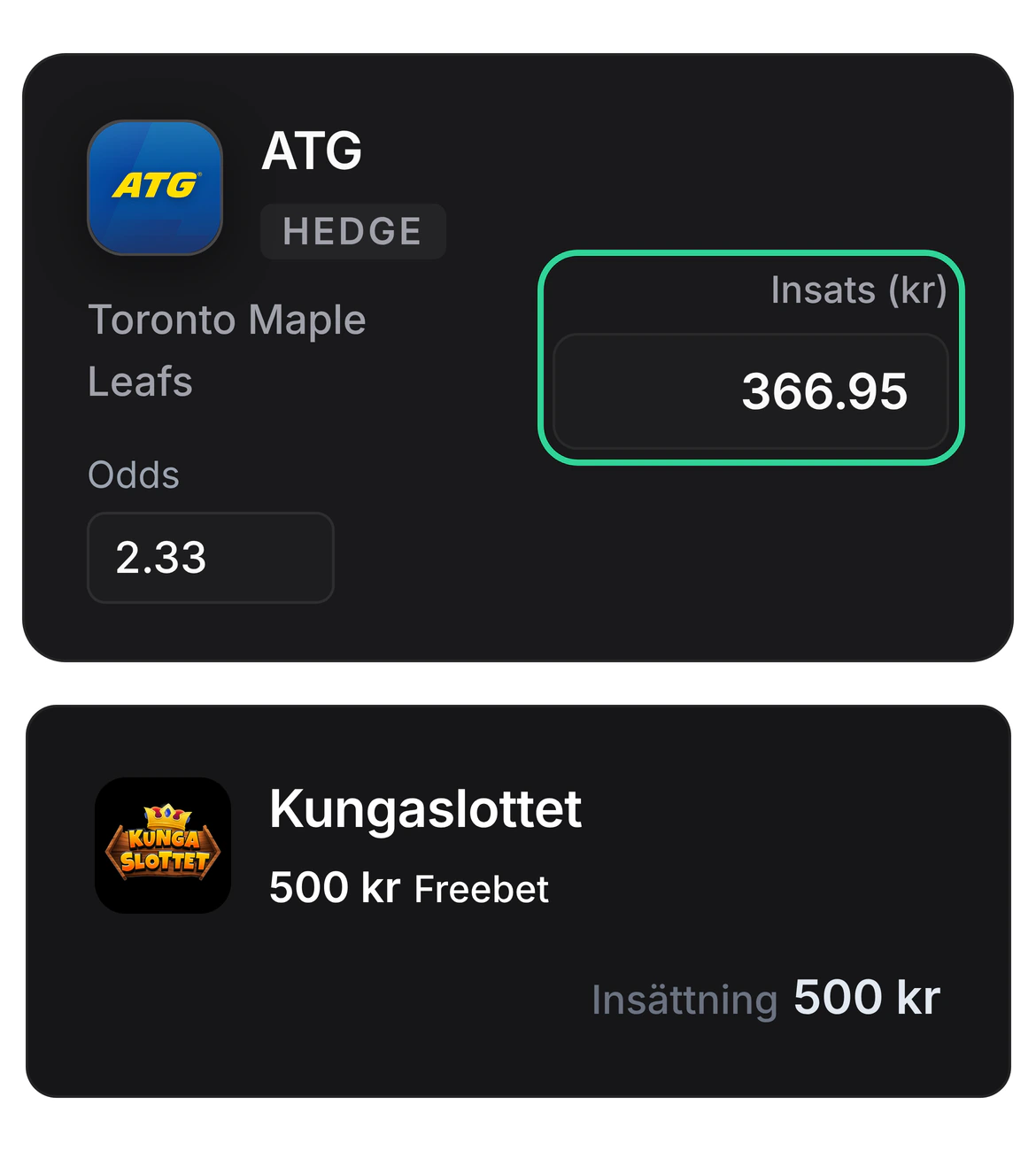 Hedgen hos ATG på Toronto Maple Leafs till odds 2,33 med en grön ram kring insatsen 366,95 kr, och under den Bonus Hunting-kortet för Kungaslottet med 500 kr freebet och insättningen 500 kr.
