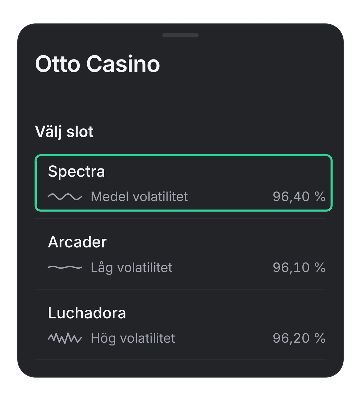 Casinoguiden för Otto Casino i appen med Välj slot, där en grön ram omsluter den valda sloten Spectra med medel volatilitet och RTP 96,40 %, och under den Arcader med låg volatilitet och RTP 96,10 % och Luchadora med hög volatilitet och RTP 96,20 %.
