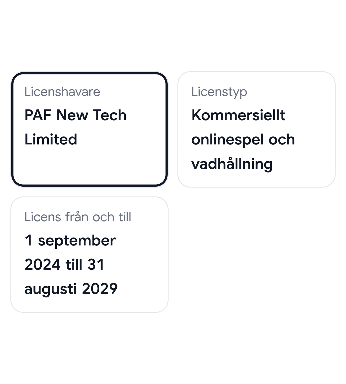 Spelbolagssidans faktatabell för Golden Bull med Licenshavare PAF New Tech Limited i en svart ram, Licenstyp Kommersiellt onlinespel och vadhållning och Licens från och till 1 september 2024 till 31 augusti 2029.