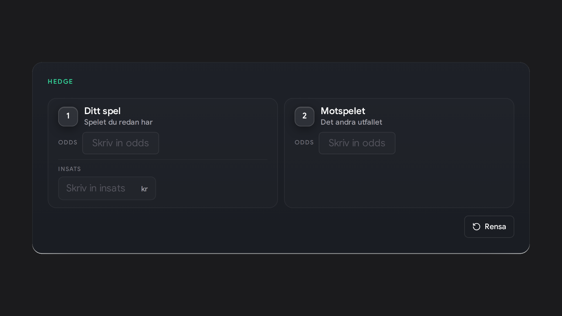 Hedgekalkylatorn fylls i: ditt spel på odds 10 med insats 100 kr och motspelet på odds 2. Den första strategin, Samma resultat, visar ett motspel på 500,00 kr och totalt 400,00 kr hur det än går.